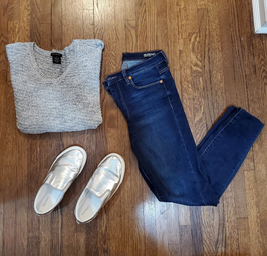 Weekend Essentials Blank NYC Jeans Calvin Klein sweater shiny shoes